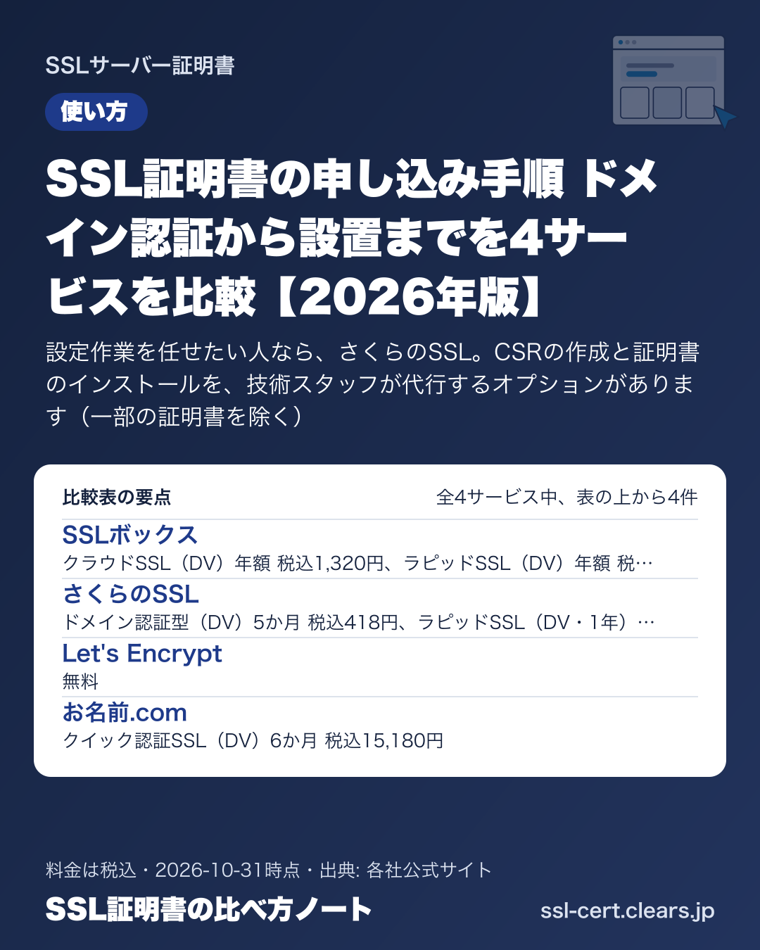 SSL証明書の申し込み手順 ドメイン認証から設置までを4サービスを比較【2026年版】の比較表の要点